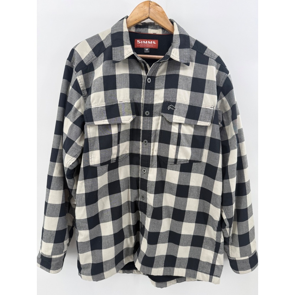 Simms Mens Coldweather Flannel Shirt Black White Plaid Waffle Fleece Lined M